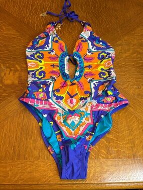 Trina Turk Bright Turquoise & Multicolor Halter One-Piece Swimsuit